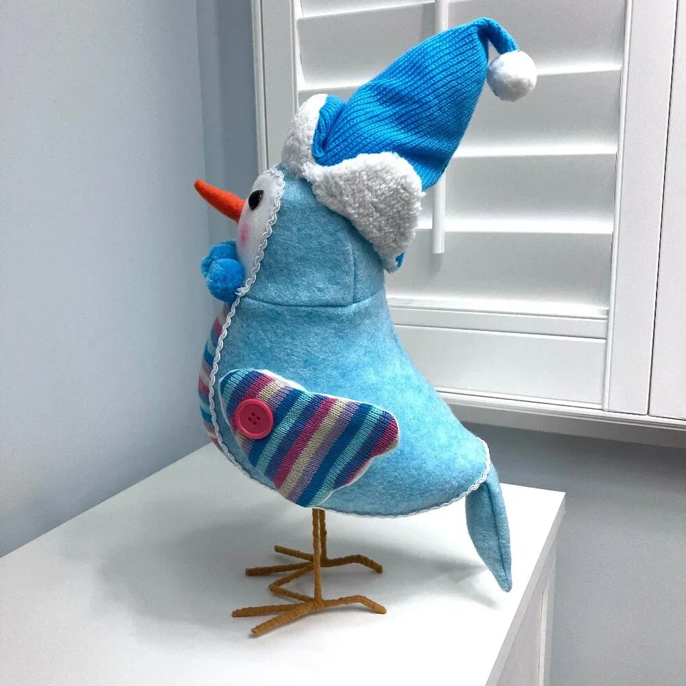 Christmas Big Fabric Bird Decor Holiday Winter Blue Sweater Hat Jumbo